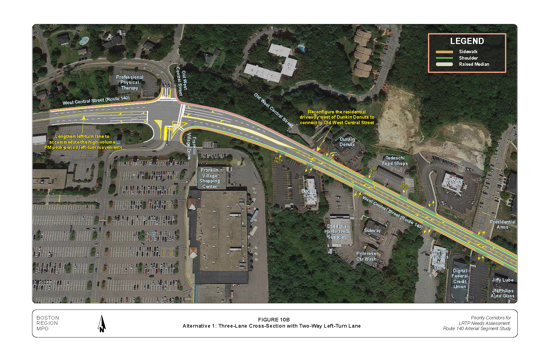 FIGURE 10B: Alternative 1: Three-Lane Cross-Section with Two-Way Left-Turn Lane. Aerial-view map that illustrates MPO staff “Improvement Alternative 1,” which recommends reconfiguring West Central Street into a three-lane cross-section with two-way left-turn lane.